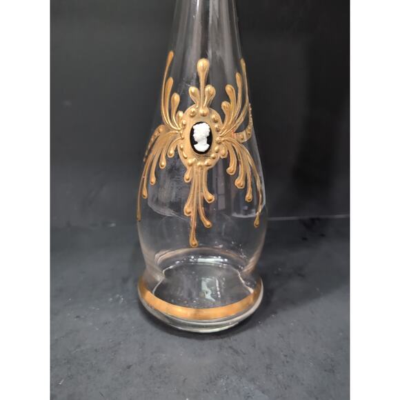 Mid Century Modern Decanter, Gold Accents Clear Glass Bottle, Vintage 3D Cameo - Picture 5 of 11